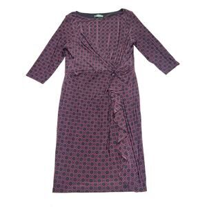 Lauren Ralph Lauren Wrap Dress Size S/M Red Black Geometric Knee Length 3/4 Slve